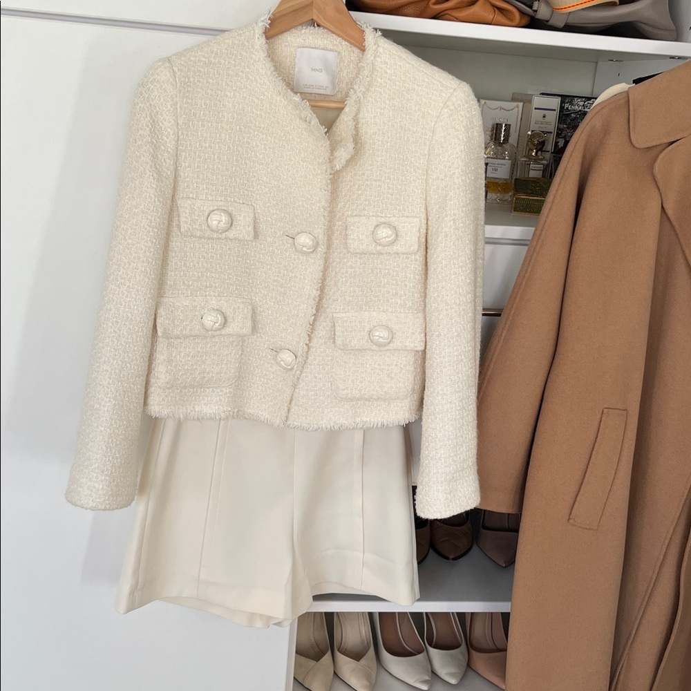 Mango Cream Textured Jacket with shorts in same color.